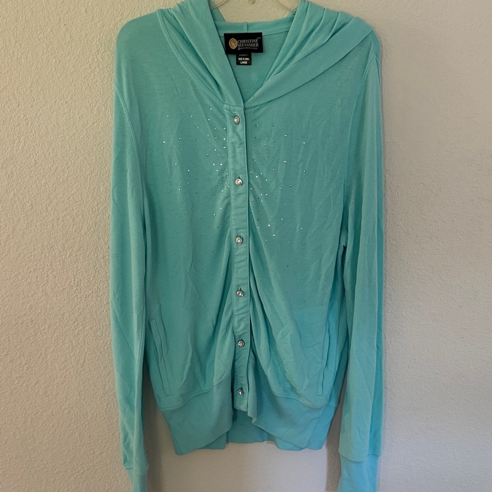 Christine Alexander Turquoise Rhinestone Button Up Top w Hood